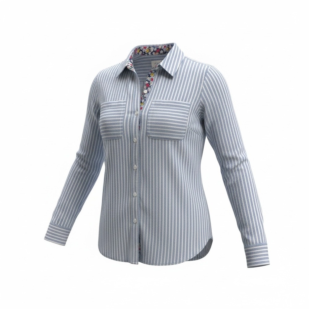 Eden & Olivia Striped Classic Button Down Shirt Floral Collar Blue White Women M